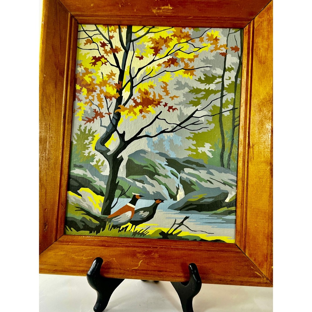 Vintage Paint By Number Pair Nature Landscape Pheasant Bird Framed Wall Art Set
